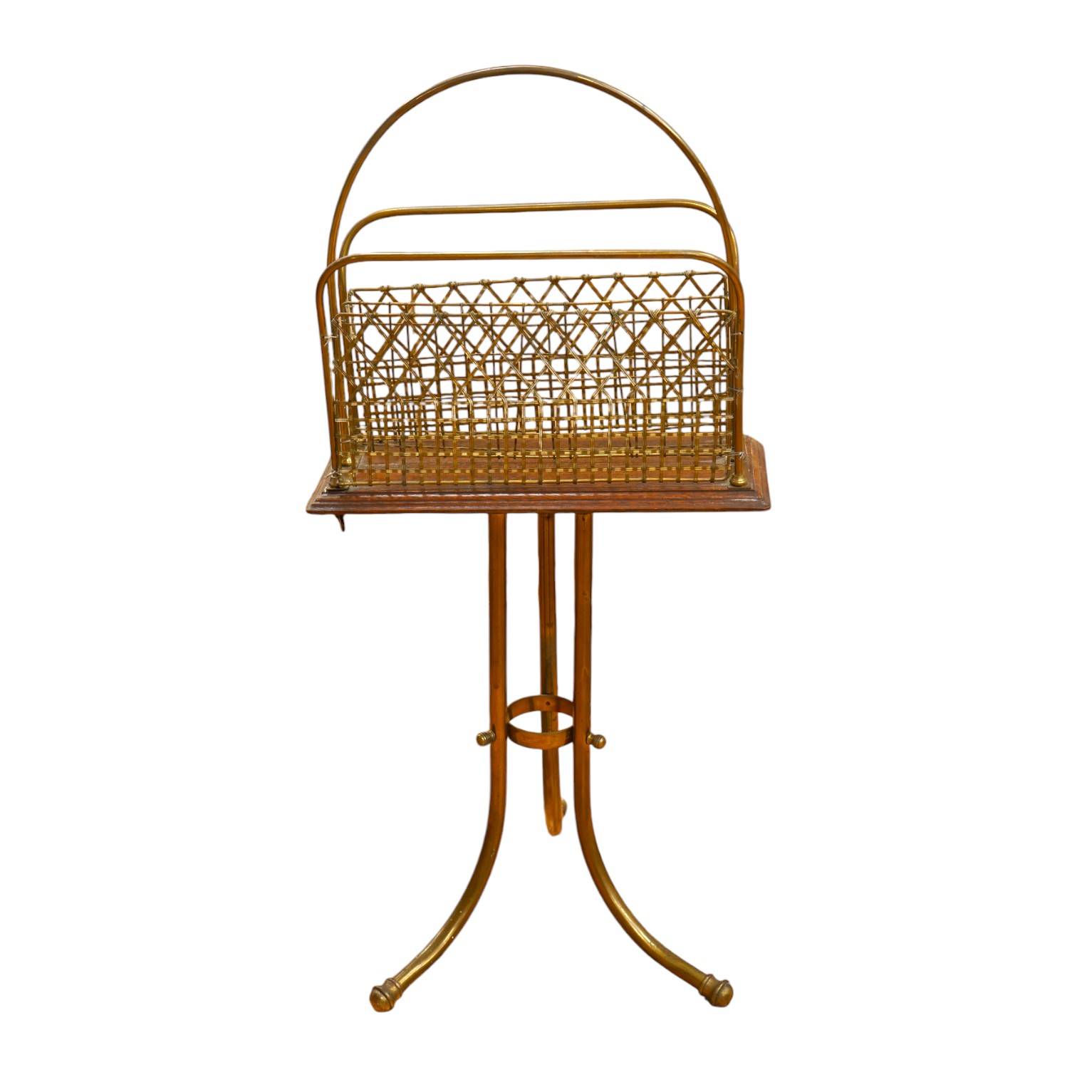 An Edwardian oak and brass Canterbury stand, 76cm. Condition - fair to good.